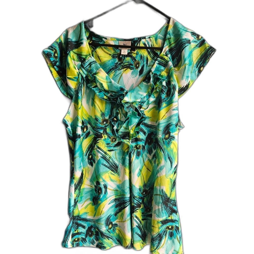 Worthington woman's blue green tropical blouse sleeveless tank XL